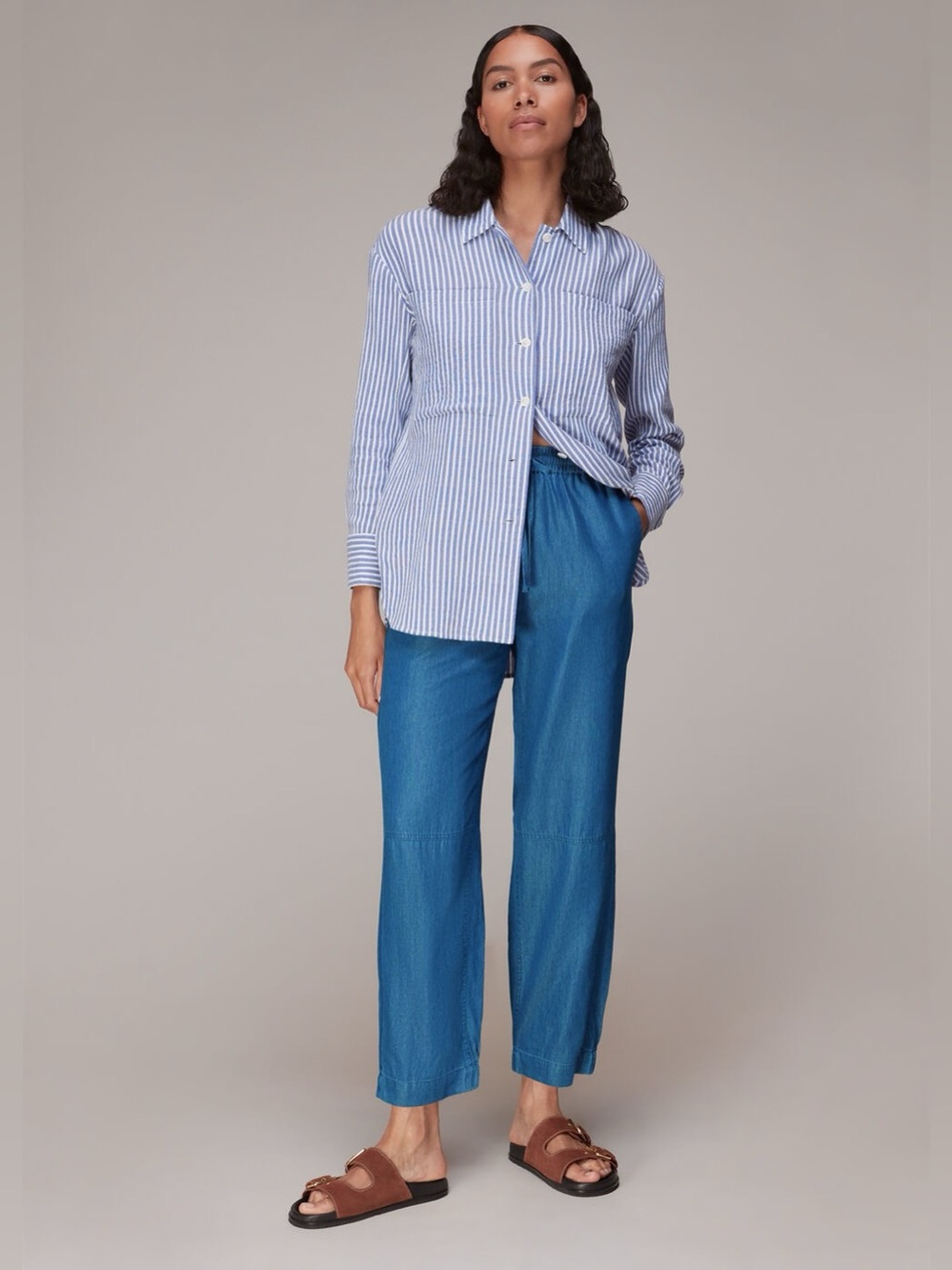 WHISTLES Blue Lucy Chambray Barrel Trouser Balloon Pants Cotton Pull On Denim